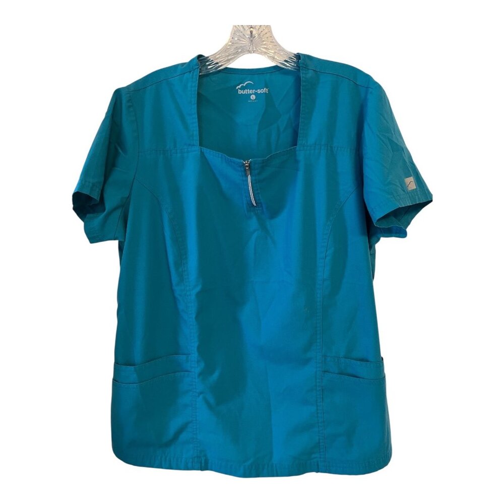 Butter-Soft Teal Scrub Top Women’s Size L – Zip Front, 2 Pockets – 65/35 Poly Co